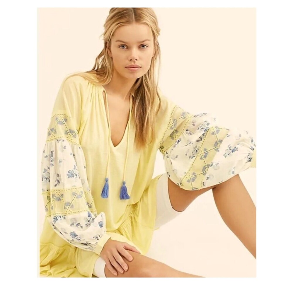 Free People Yellow Blue Floral Balloon Sleeve Tassel Tunic Top Oversized XS/S